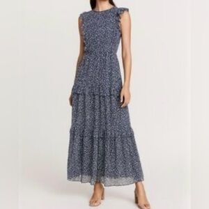 J. Crew Tiered Ruffle‎ Maxi Dress Floral Navy & White Size 2 EUC